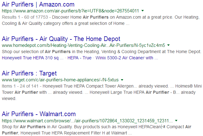 Google results for air purifiers