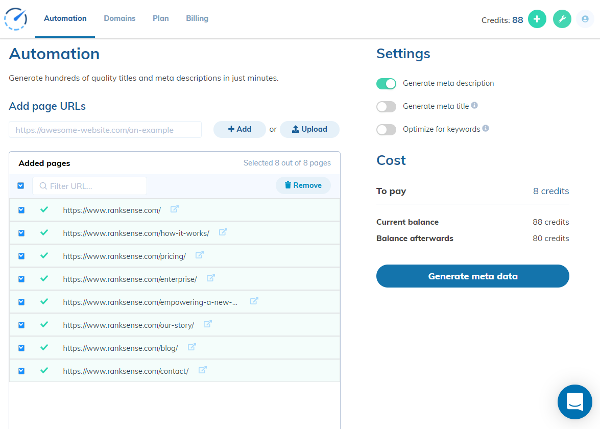 Screenshot of the RankSense automation tool with URLs loaded