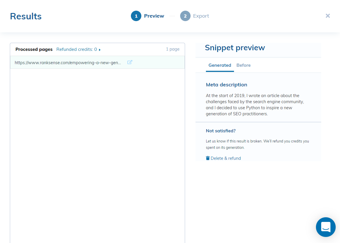 Screenshot of the RankSense automation tool with generated meta data